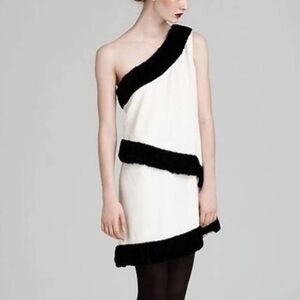 Rachel Zoe- Ivory One Shoulder Mini Dress with Black Velvet Trim